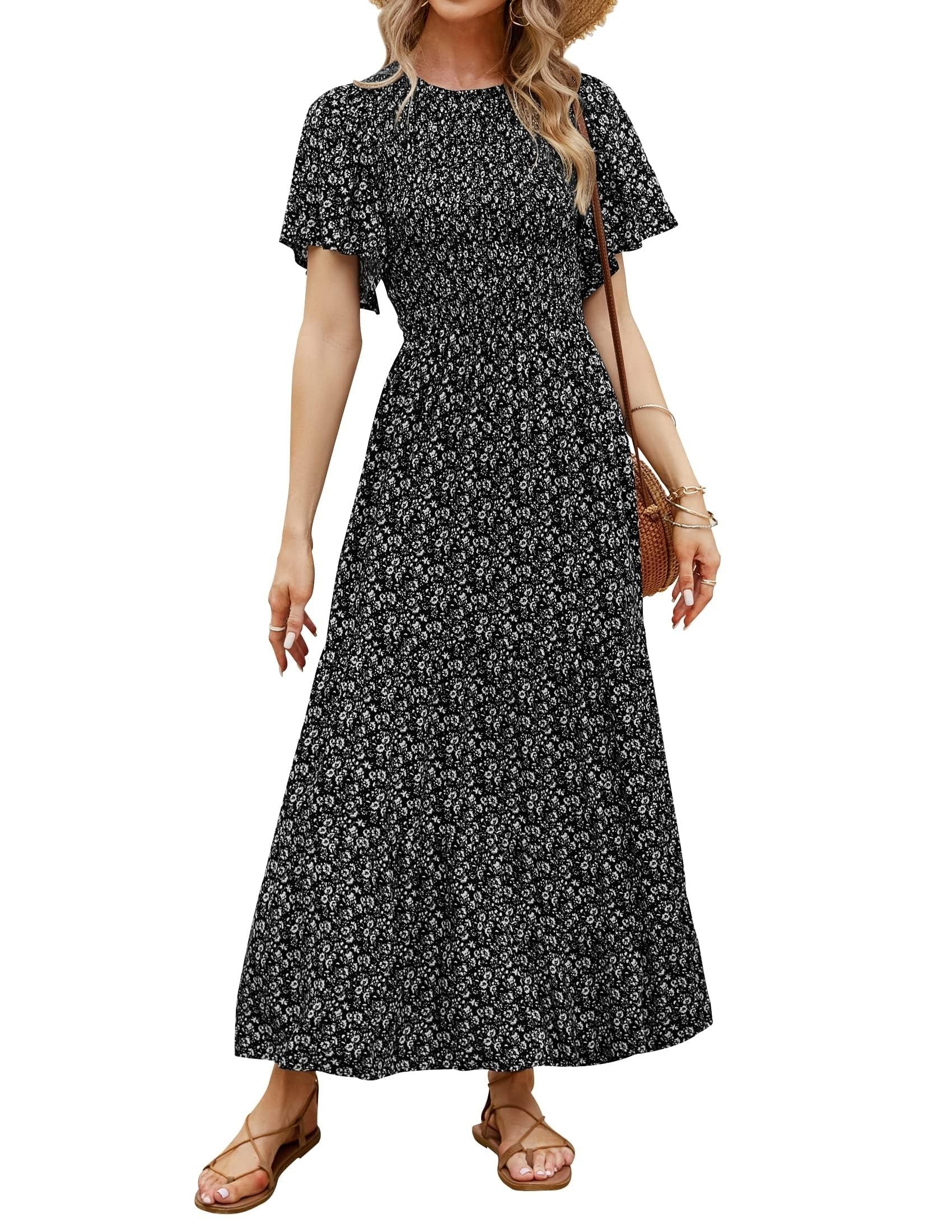 Floral Print Smocked High Waist Flowy Maxi Dress