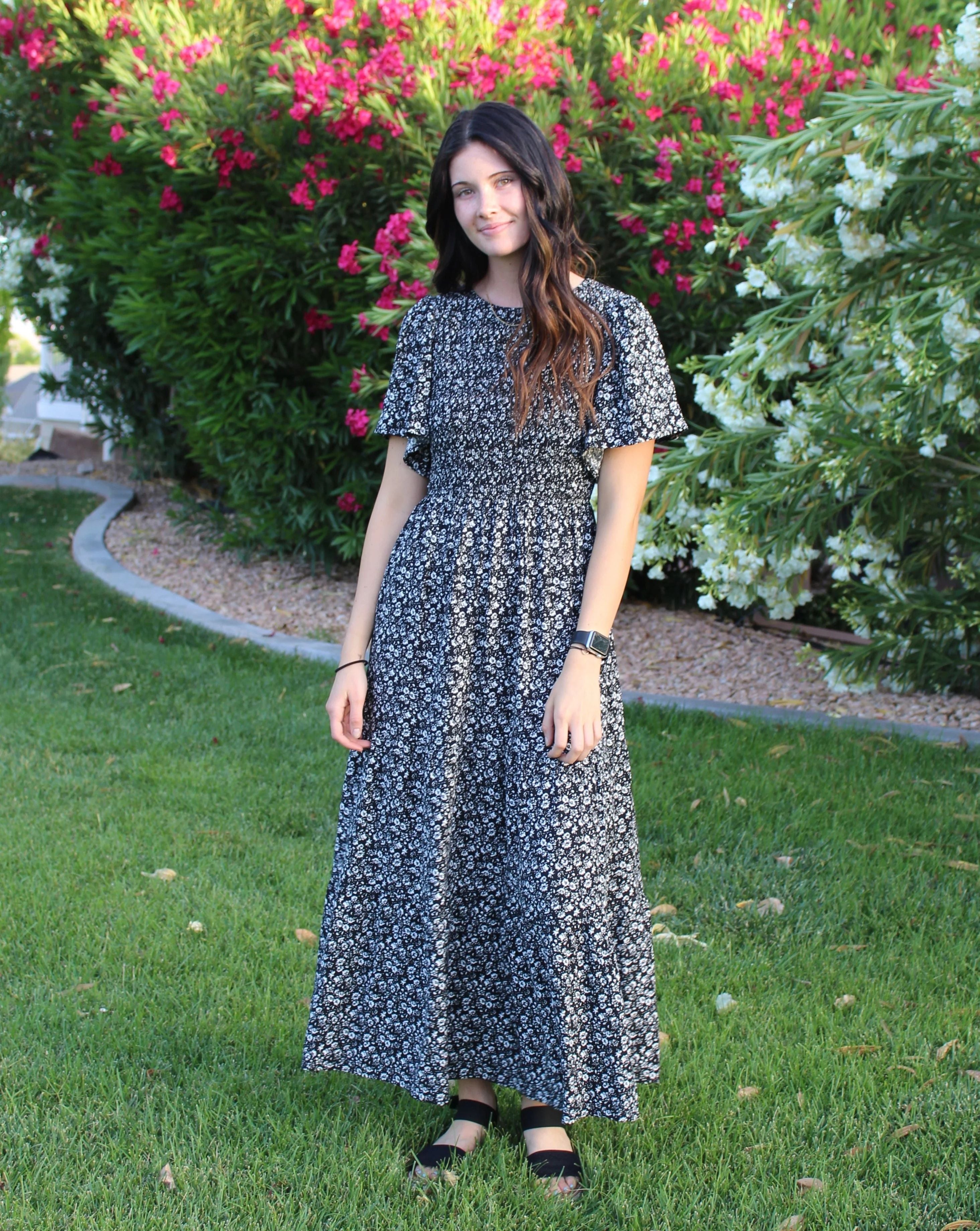 Floral Print Smocked High Waist Flowy Maxi Dress